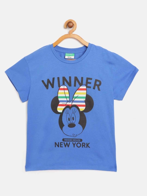 

United Colors of Benetton Girls Blue Black Minnie Mouse Print Round Neck Pure Cotton T-shirt