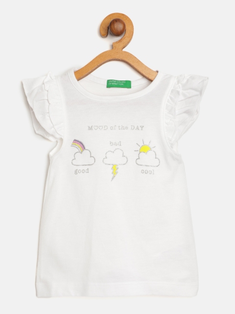 

United Colors of Benetton White & Silver Printed Flutter Sleeves Regular Top