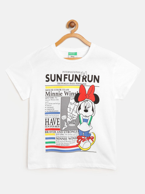 

United Colors of Benetton Girls White Black Cotton Minnie Mouse Print Round Neck Pure Cotton T-shirt