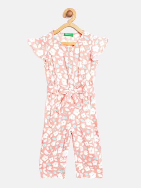 

United Colors of Benetton Girls Coral Pink Printed Sustainable Basic Jumpsuit With Belt