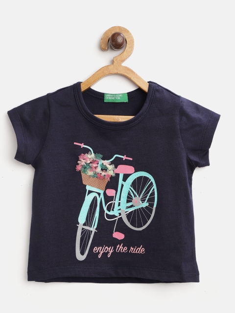 

United Colors of Benetton Girls Navy Blue Bicycle Print Applique Pure Cotton T-shirt
