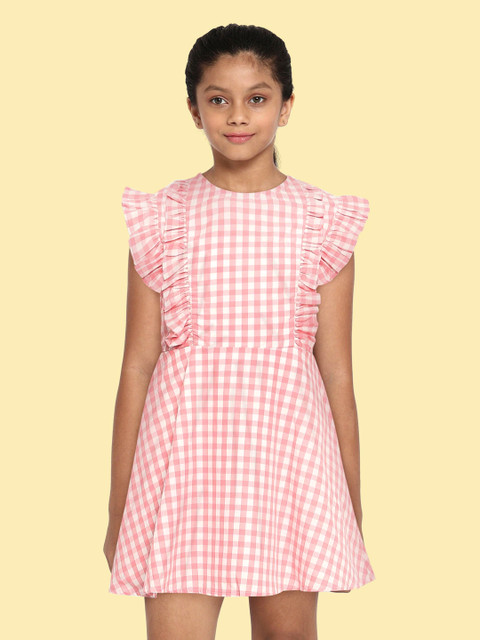 

United Colors of Benetton Girls Peach-Coloured & White Checked Fit & Flare Dress