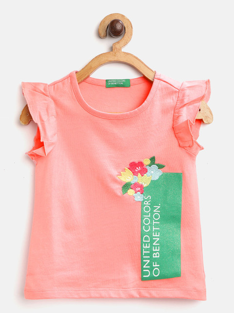 

United Colors of Benetton Girls Coral Pink Printed Flutter Sleeves Pure Cotton Top
