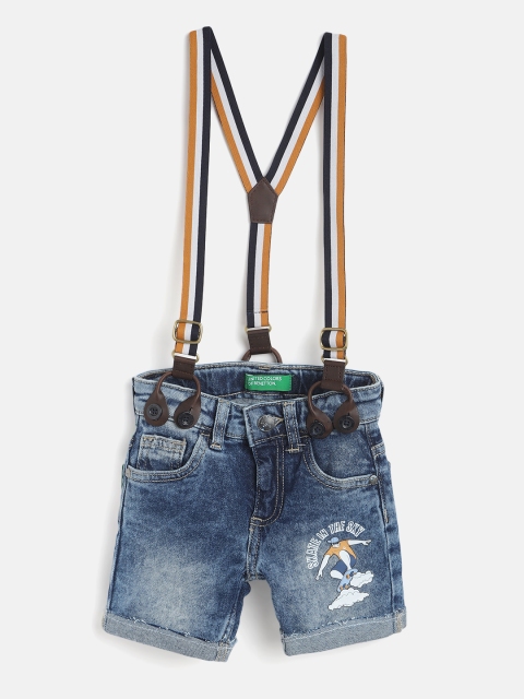 

United Colors of Benetton Boys Navy Blue & White Printed Denim Shorts with Suspenders