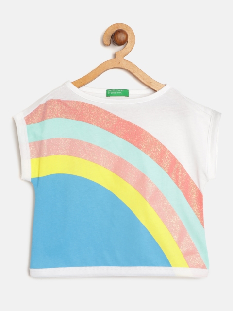 

United Colors of Benetton Girls White Blue Cotton Rainbow Print Round Neck Boxy Pure Cotton T-shirt