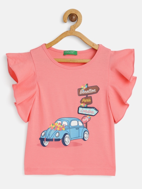 

United Colors of Benetton Coral & Blue Printed Flutter Sleeves Applique Pure Cotton Top