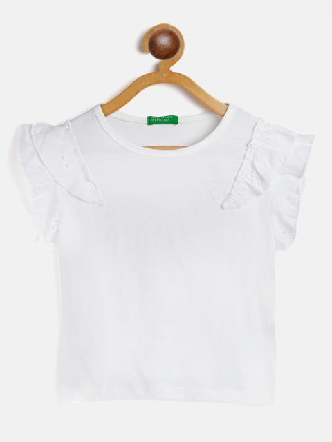 

United Colors of Benetton Girls White Solid Cotton Flutter Sleeve Ruffles Regular Top