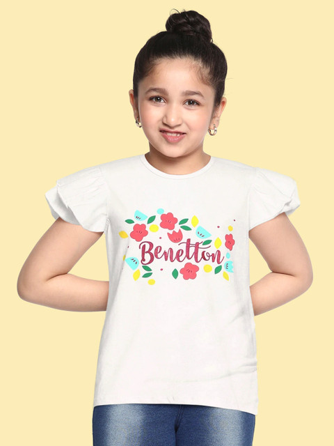 

United Colors of Benetton Girls White Cotton Brand Logo Flutter Sleeve Layered Regular Top
