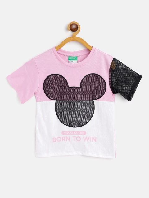 

United Colors of Benetton Pink & White Self Design Pure Cotton Top with Mickey Applique