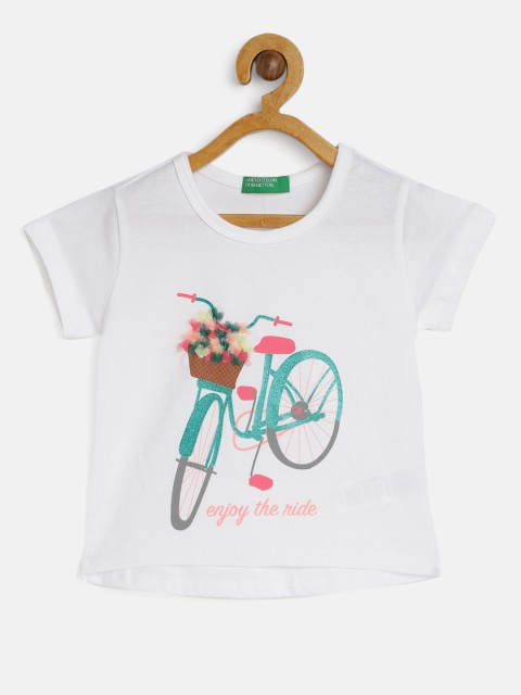 

United Colors of Benetton White & Green Printed Applique Pure Cotton Regular Top
