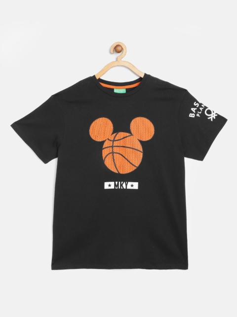 

United Colors of Benetton Boys Black Orange Mickey Mouse Print Pure Cotton T-shirt
