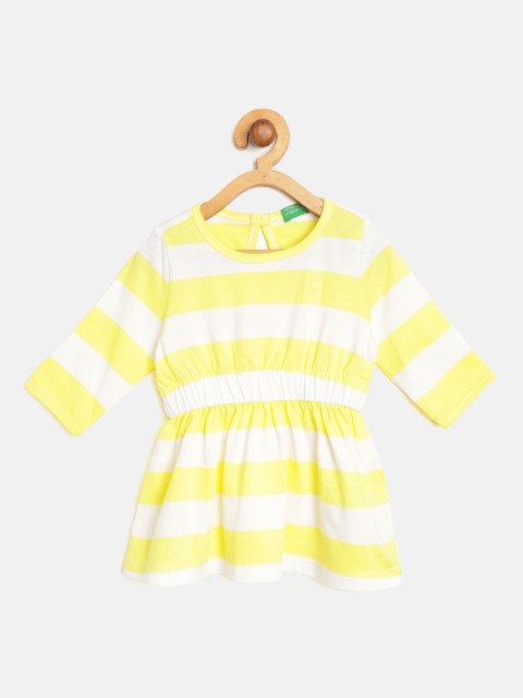 

United Colors of Benetton Girls Yellow & White Striped Pure Cotton A-Line Dress