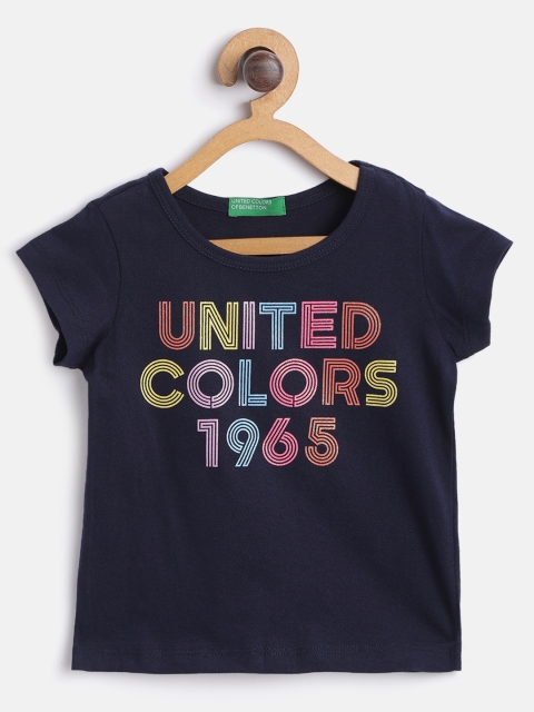 

United Colors of Benetton Girls Navy Blue & Pink Brand Logo Print Cotton T-shirt