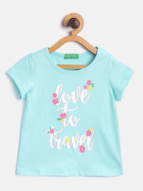 

United Colors of Benetton Girls Blue White Printed Round Neck Pure Cotton T-shirt
