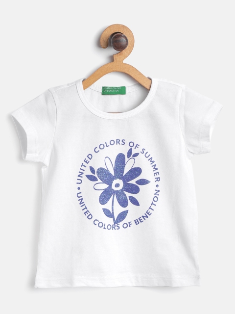

United Colors of Benetton Girls White & Blue Printed Pure Cotton Round Neck T-shirt