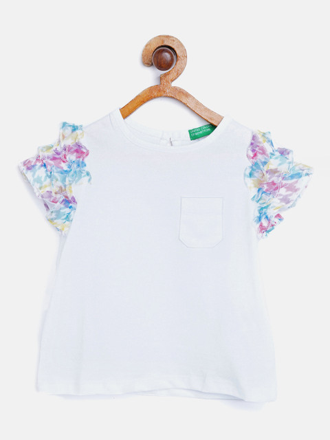 

United Colors of Benetton Girls White Cotton Solid Flutter Sleeves Pure Cotton Regular Top