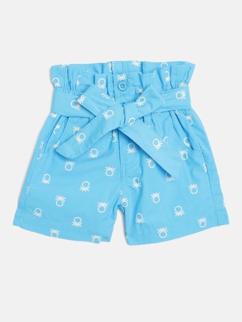 

United Colors of Benetton Girls Blue & White Printed Pure Cotton Paperbag Waist Shorts