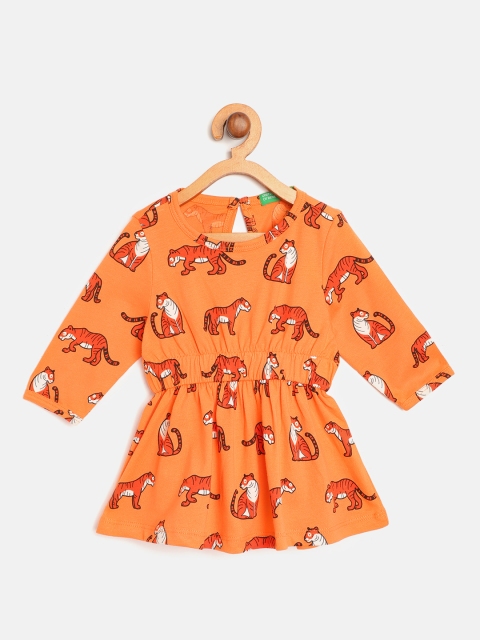 

United Colors of Benetton Girls Orange & White Tiger Print Pure Cotton A-Line Dress