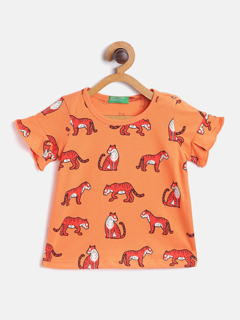 

United Colors of Benetton Orange & Black Tiger Print Flutter Sleeves Cotton Top