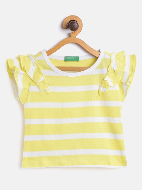 

United Colors of Benetton Yellow & White Striped Flutter Sleeves Cotton Ruffled Top