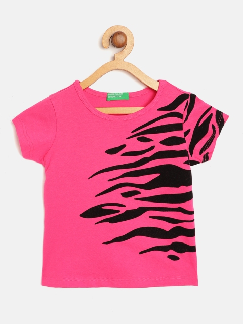 

United Colors of Benetton Girls Pink Black Flock Tiger Print Pure Cotton T-shirt