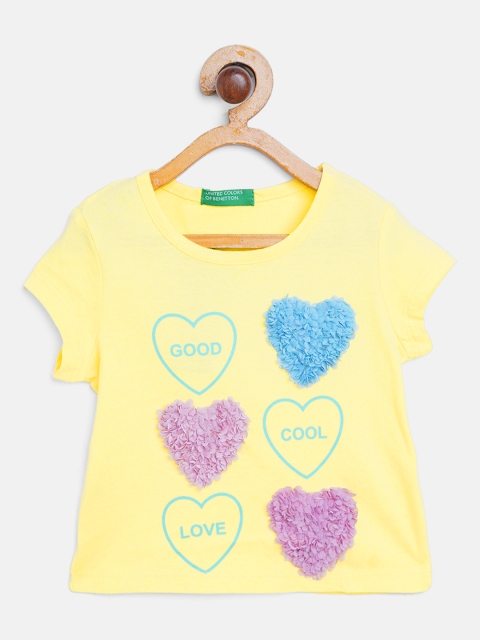 

United Colors of Benetton Girls Yellow Printed Round Neck Pure Cotton T-shirt