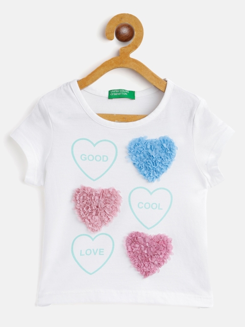 

United Colors of Benetton Girls White Blue Hearts Print Applique Pure Cotton T-shirt