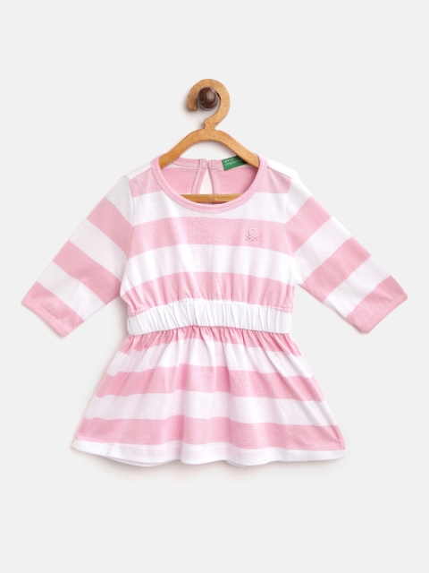

United Colors of Benetton Girls Pink & White Pure Cotton Striped A-Line Dress