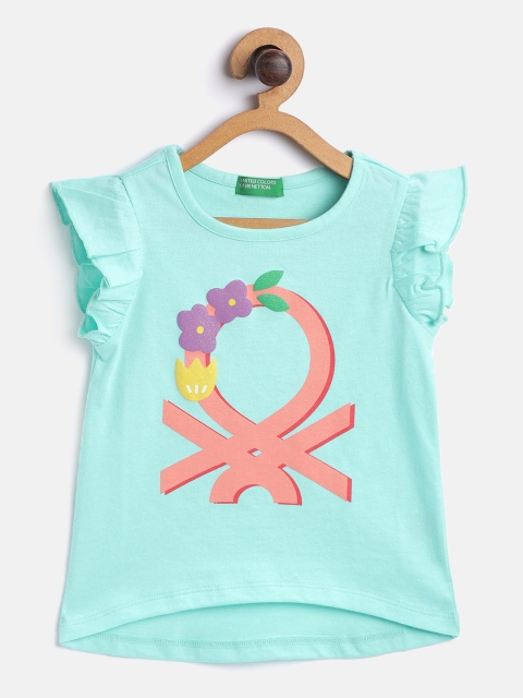 

United Colors of Benetton Girls Sea Green Brand Logo Print Flutter Sleeve Pure Cotton Top