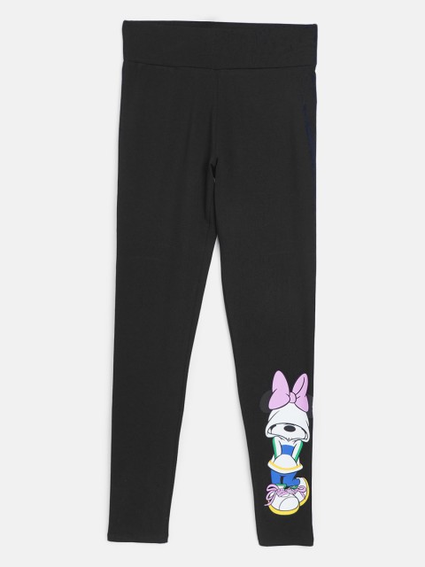 United Colors of Benetton Girls Black Ankle Length Leggings with Minnie Mouse Print Detail