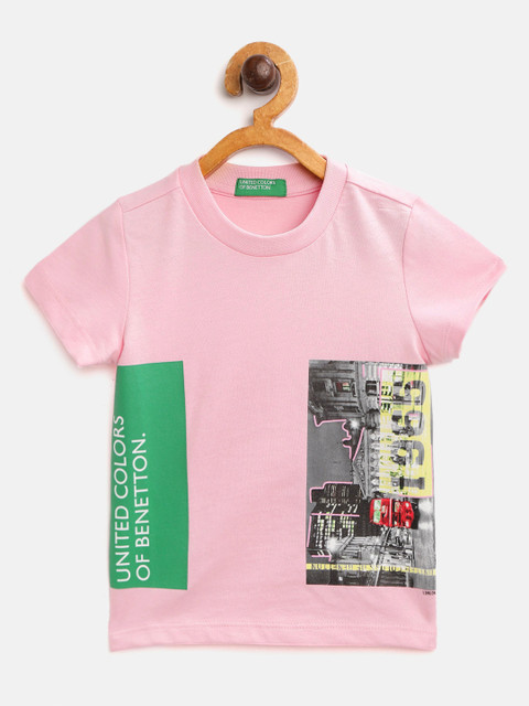 

United Colors of Benetton Boys Pink Green Brand Logo Print Pure Cotton T-shirt