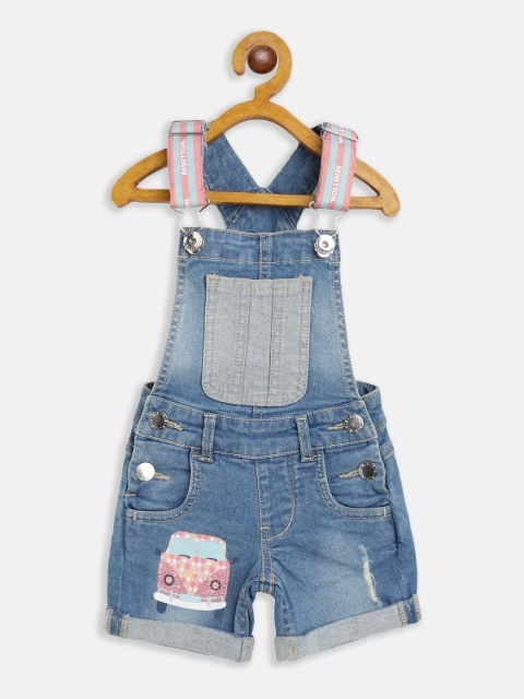 

United Colors of Benetton Girls Blue Washed Denim Dungarees with Printed Detail