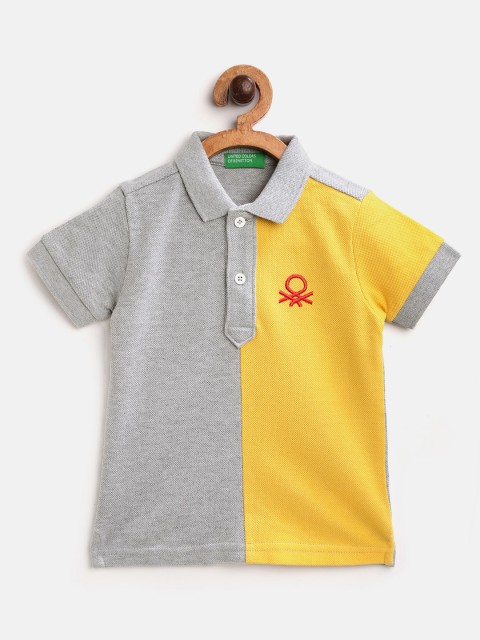 

United Colors of Benetton Boys Grey Melange Yellow Colourblocked Pure Cotton T-shirt