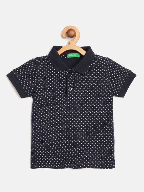 

United Colors of Benetton Boys Navy Blue Black Micro Ditsy Print Pure Cotton T-shirt