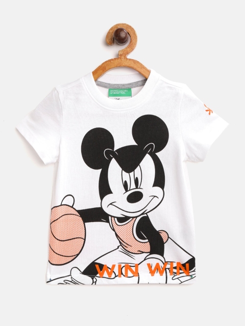 

United Colors of Benetton Boys White & Black Mickey Mouse Print Cotton Round Neck T-shirt