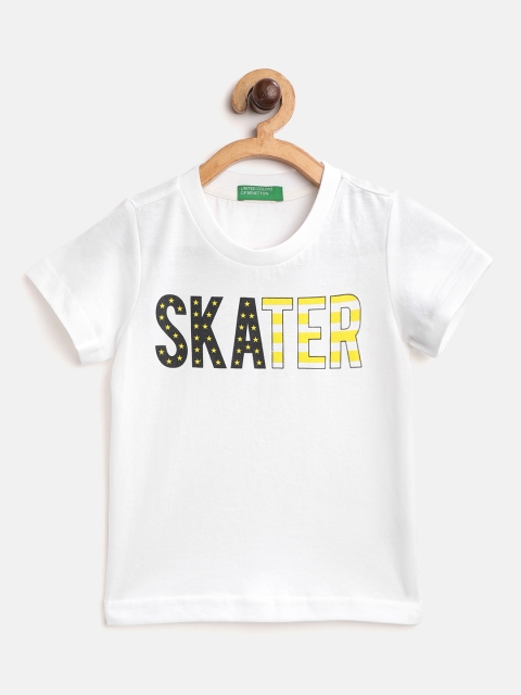 

United Colors of Benetton Boys White navy Blue Typography Print Pure Cotton T-shirt