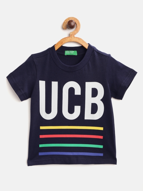 

United Colors of Benetton Boys Navy White Brand Logo Print Cotton Round Neck Pure Cotton T-shirt, Navy blue