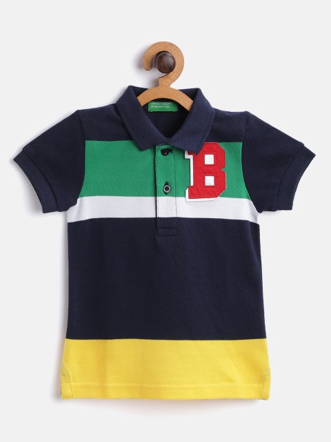 

United Colors of Benetton Boys Navy Blue Colourblocked Pure Cotton Polo Collar Pure Cotton T-shirt