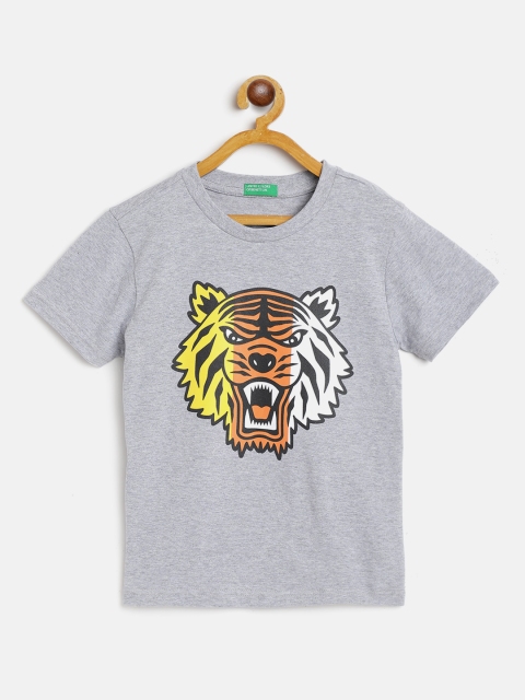 

United Colors of Benetton Boys Grey Melange Printed Round Neck Pure Cotton T-shirt