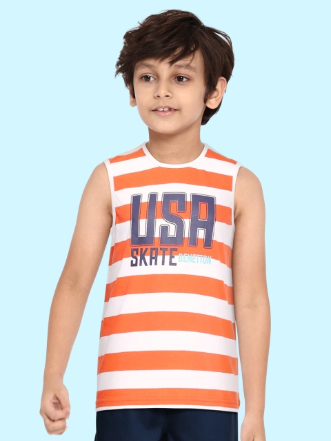 

United Colors of Benetton Boys Orange & White Cotton Striped T-shirt