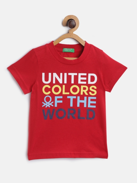 

United Colors of Benetton Boys Red Blue Pure Cotton Printed Round Neck Pure Cotton T-shirt