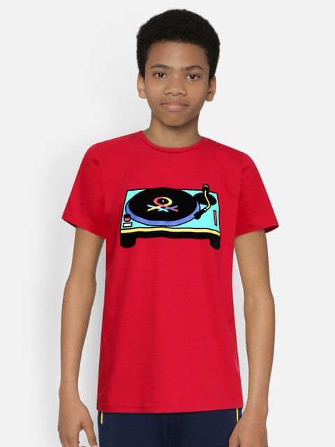 

United Colors of Benetton Boys Red Printed Round Neck Pure Cotton T-shirt