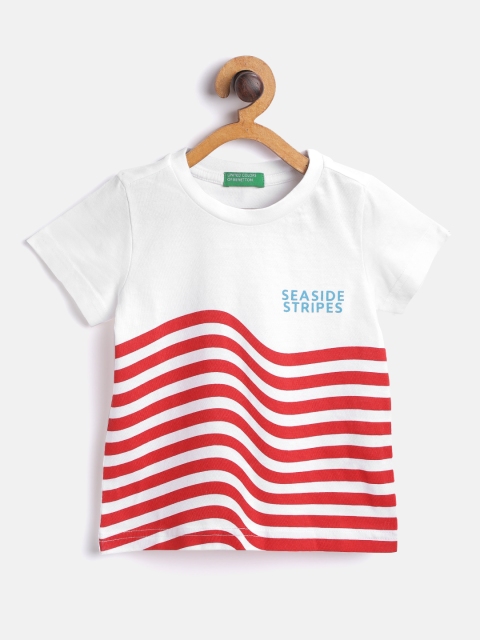 

United Colors of Benetton Boys White & Red Striped Round Neck Cotton T-shirt