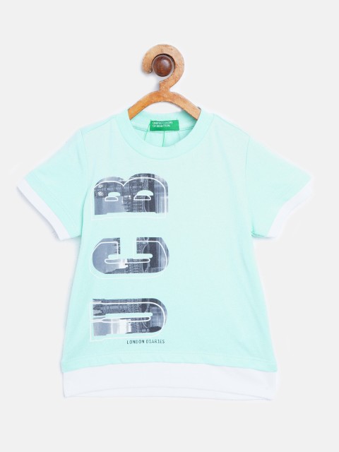 

United Colors of Benetton Boys Mint Green Brand Logo Print Round Neck Pure Cotton T-shirt