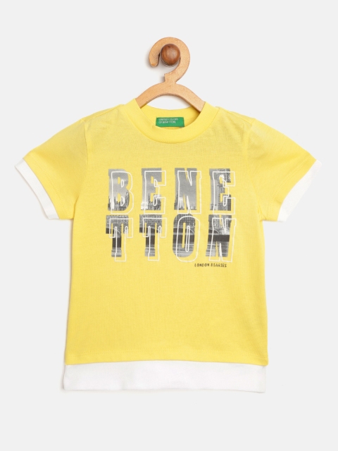 

United Colors of Benetton Boys Yellow Grey Brand Logo Print Round Neck Pure Cotton T-shirt