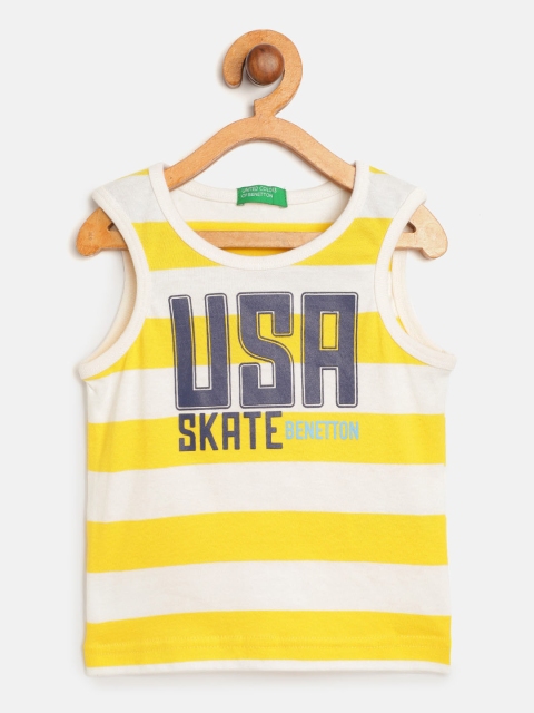 

United Colors of Benetton Boys Yellow White Striped Round Neck Sleeveless Pure Cotton T-shirt