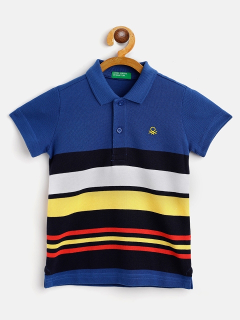 

United Colors of Benetton Boys Blue & White Striped Pure Cotton Polo Collar T-shirt