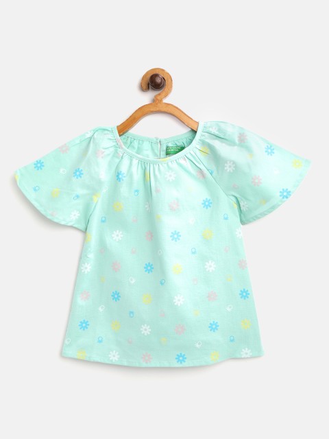 

United Colors of Benetton Girls Green & Pink Floral Sustainable European Flax A-Line Dress