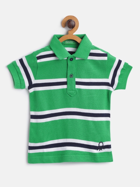 

United Colors of Benetton Boys Green & Navy Blue Striped Cotton Polo Collar T-shirt