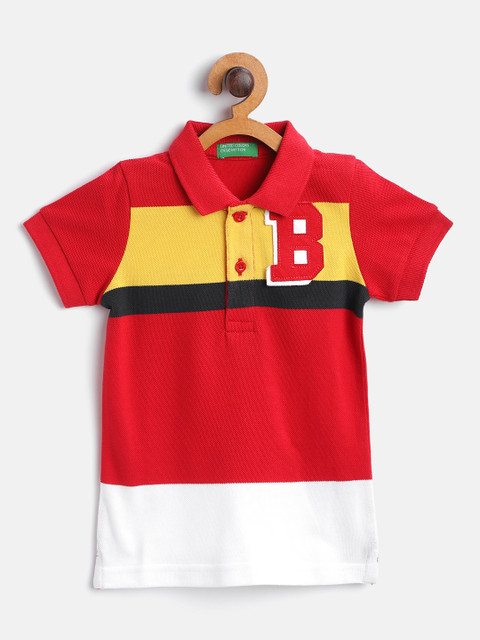 

United Colors of Benetton Boys Red Colourblocked Pure Cotton Polo Collar Pure Cotton T-shirt